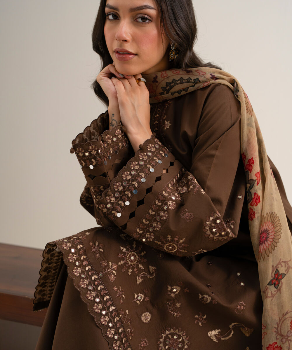 Women's Unstitched Embroidered Cotton Viscose Dark Brown 3 Piece Suit
