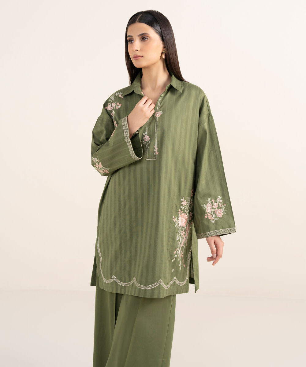 Women's RTW Textured Lawn Green Embroidered Boxy Shirt