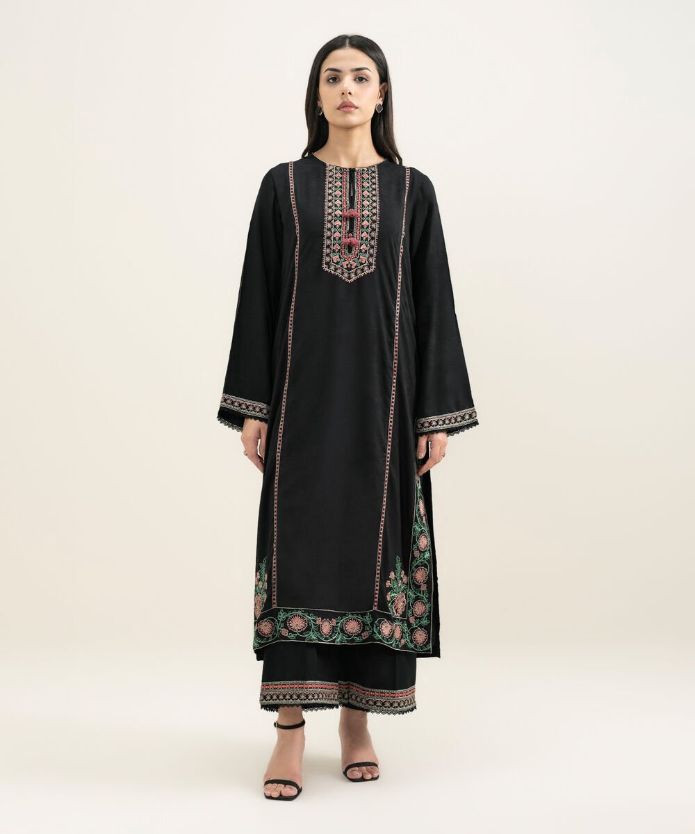 Women's RTW Arabic Self Jacquard Embroidered Black Straight Shirt