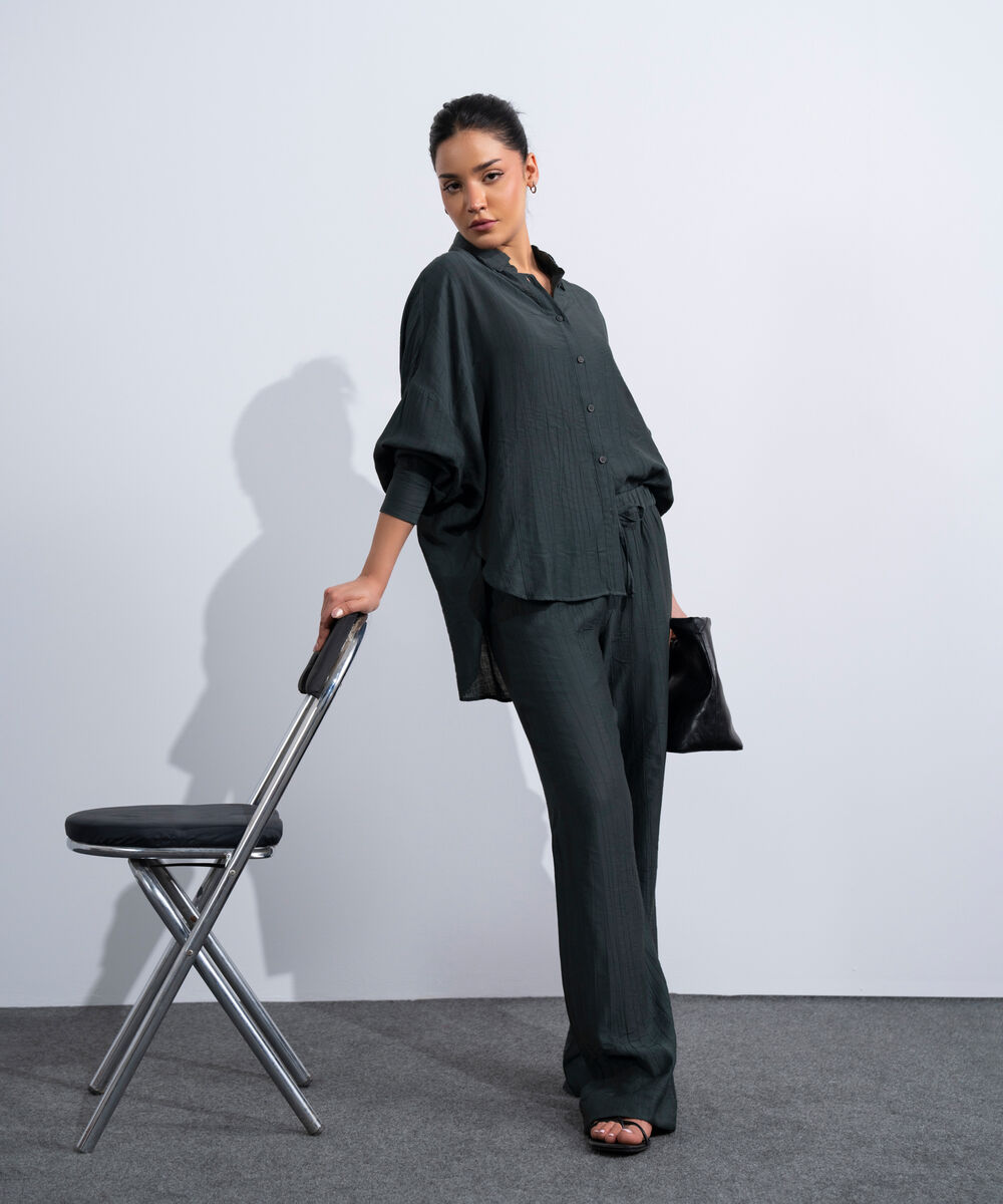Women's Western Dark Grey Textured Pull-On Trousers