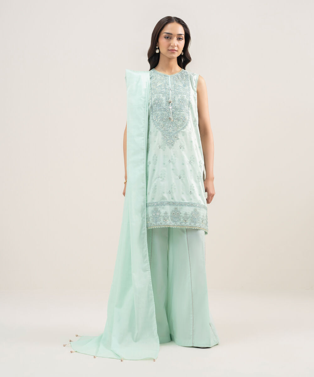 Women's RTW Lawn Embroidered Green 3 Piece Suit