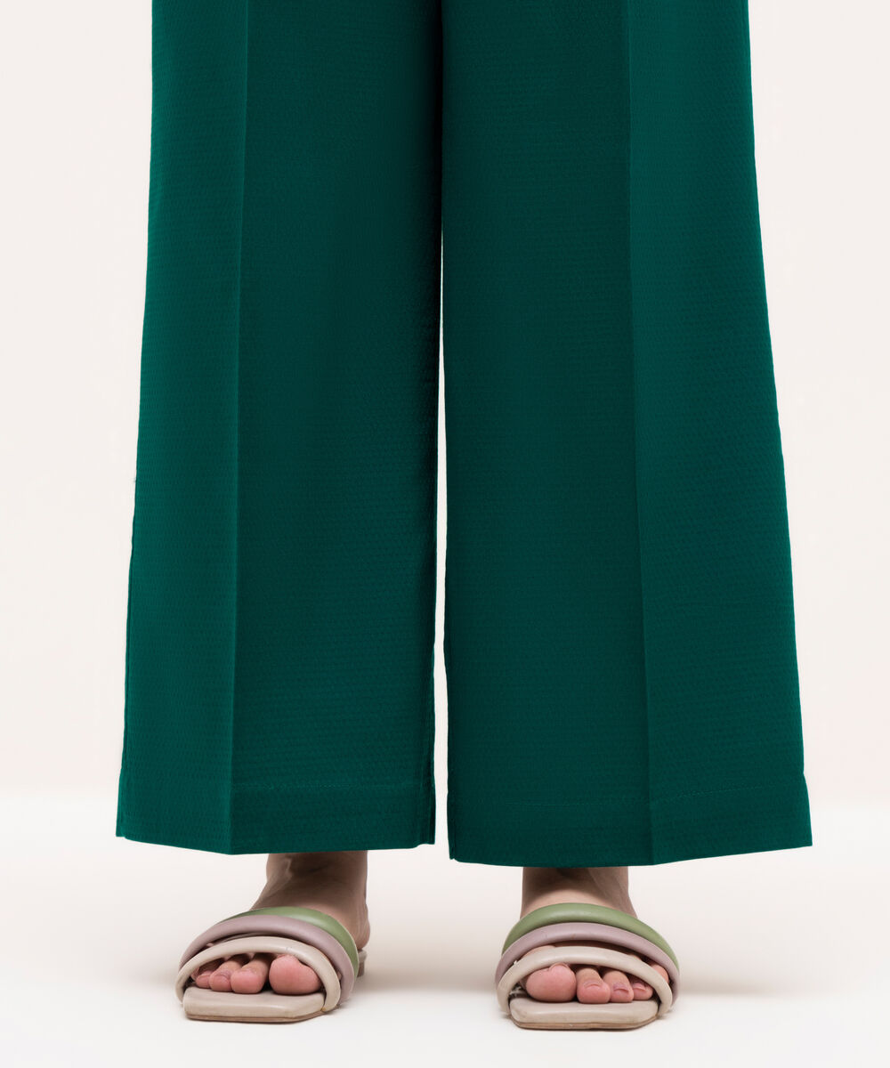 Women's RTW Textured Cotton Green Solid Culottes