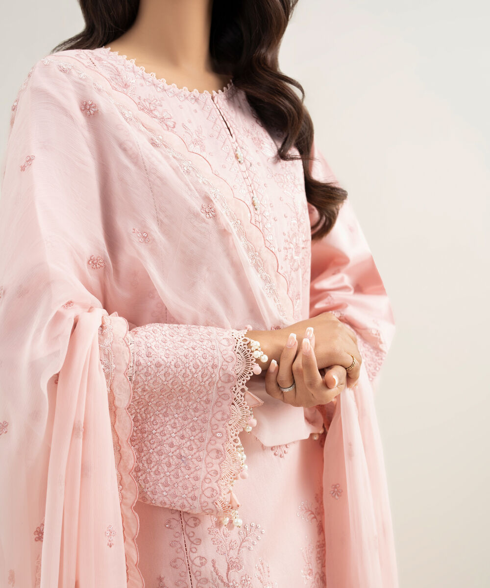 Women's Unstitched Cotton Net Embroidered Pink 3 Piece Suit