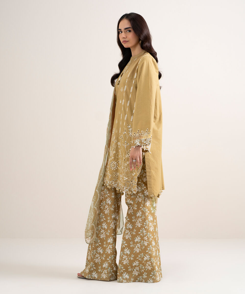 Women's Unstitched Dobby Embroidered Brown 3 Piece Suit