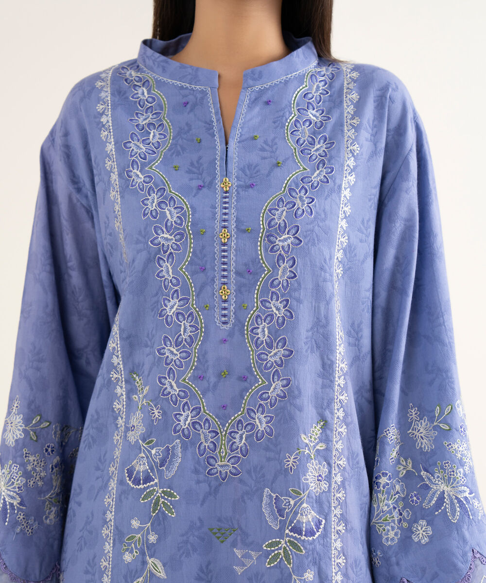 Women's Unstitched Embroidered Cotton Jacquard Blue 3 Piece Suit
