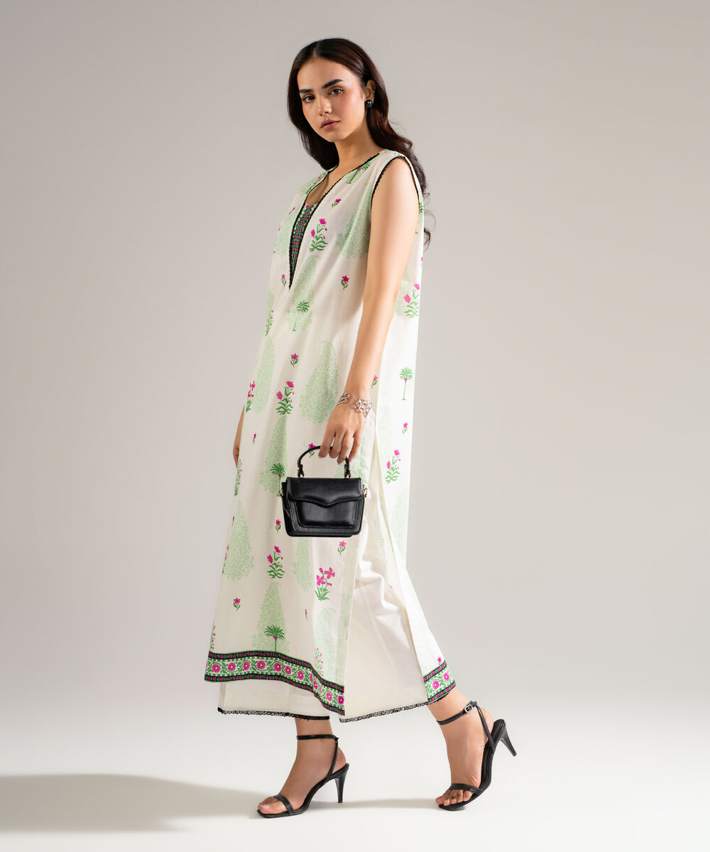 Women's RTW Slub Lawn Printed Off White Straight Shirt