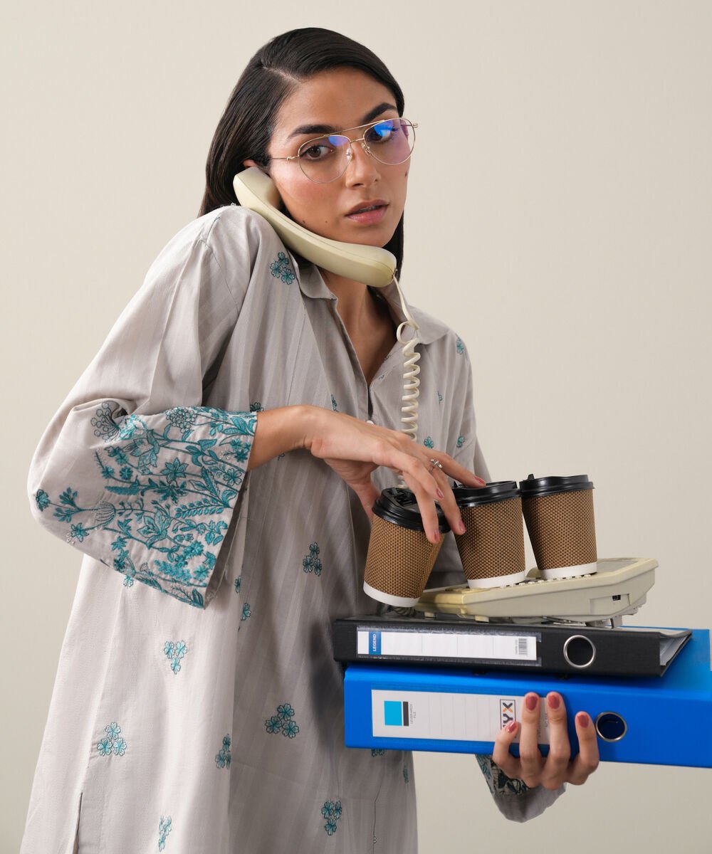 Women's RTW Textured Lawn Grey Embroidered Drop Shoulder Shirt