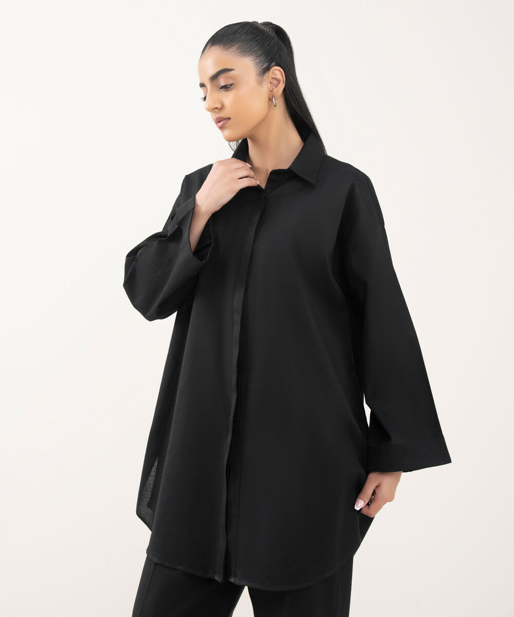 Women's RTW Cotton Linen Black Solid Button Down Shirt