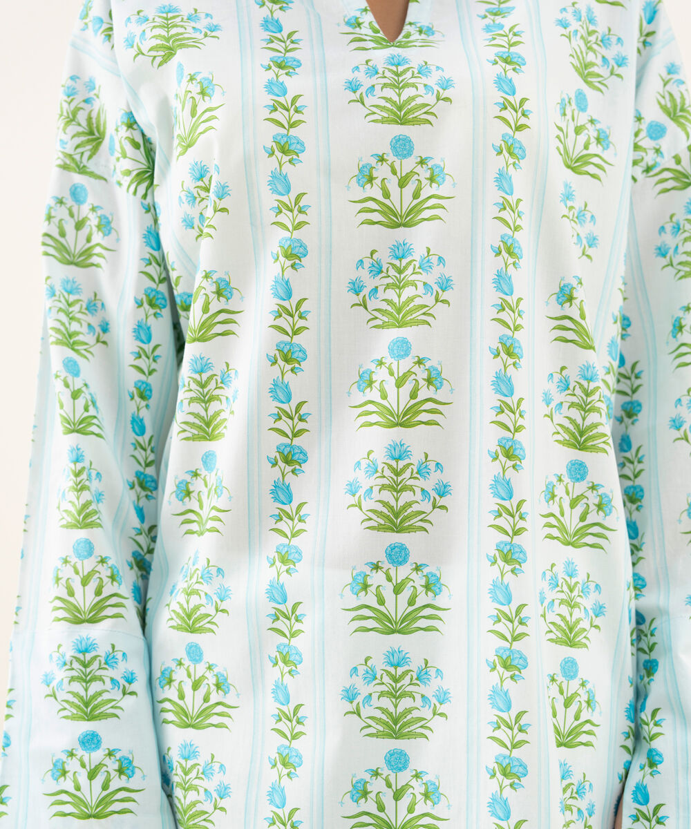 Women's RTW Cambric Printed Ice Blue Drop Shoulder Shirt