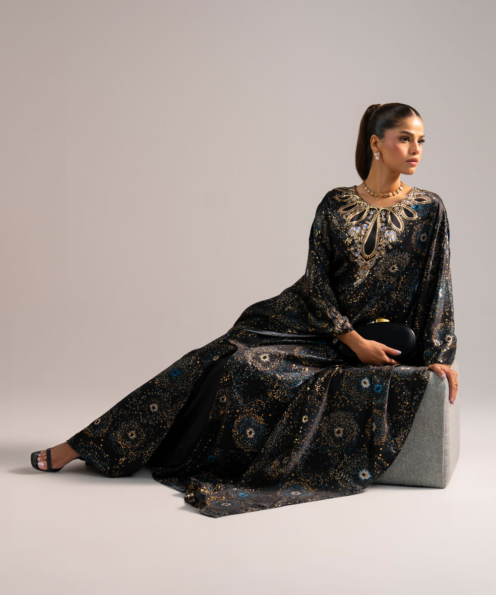 Women's RTW Blended Satin Printed Black 2 Piece Suit