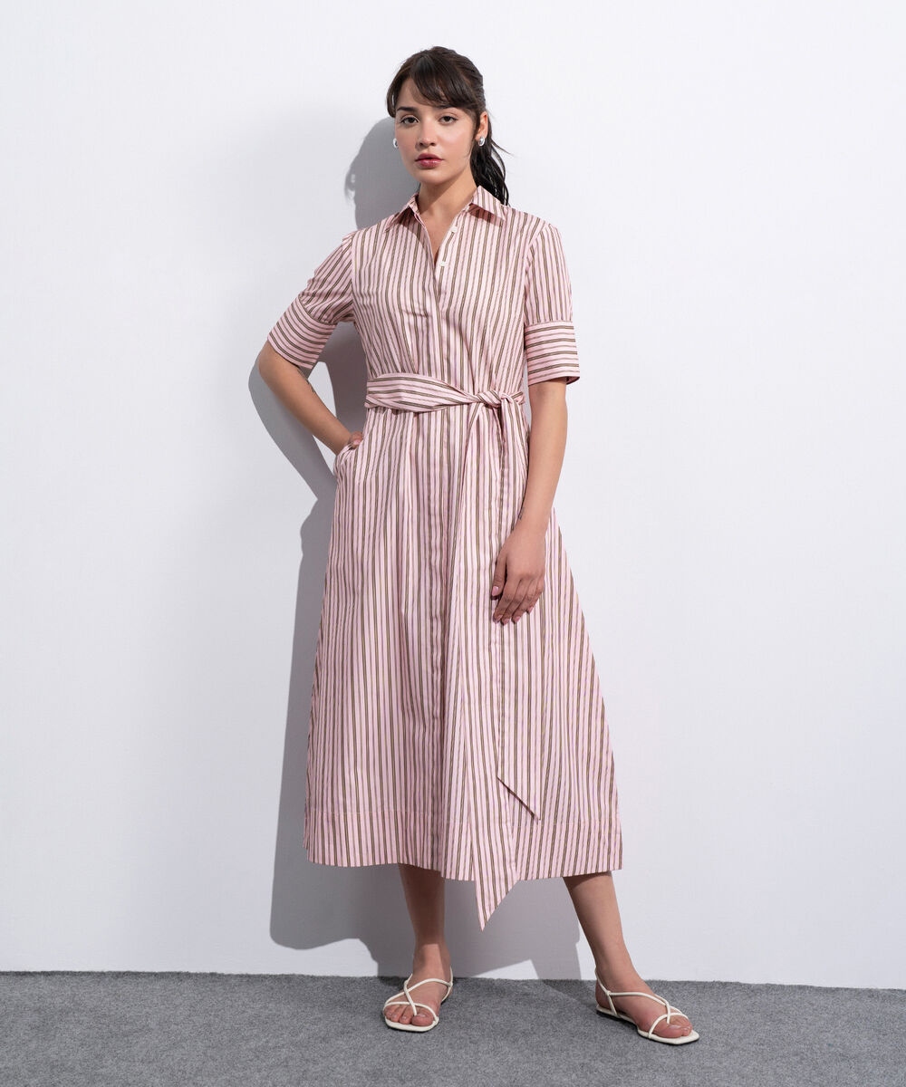 Women's Western Pink And Brown Poplin Dress With Belt