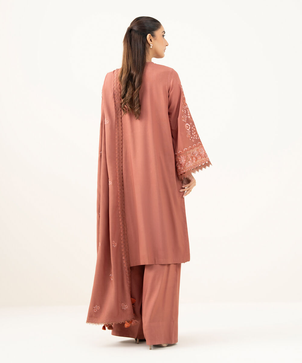 Women's Unstitched Embroidered Linen Dusty Rust 3 Piece Suit