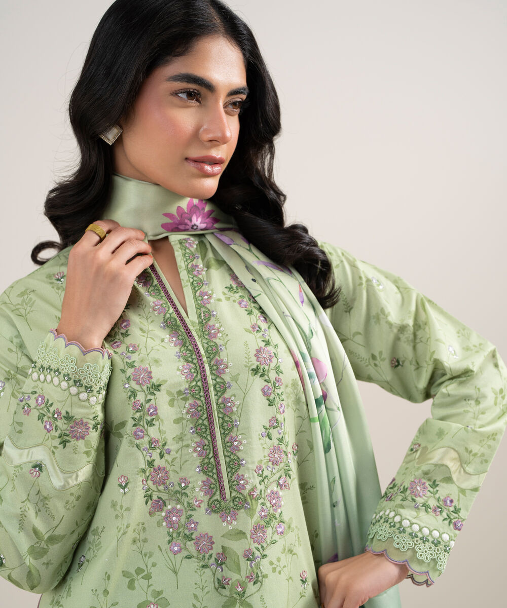 Women's Unstitched Lawn Embroidered Lime Green 3 Piece Suit