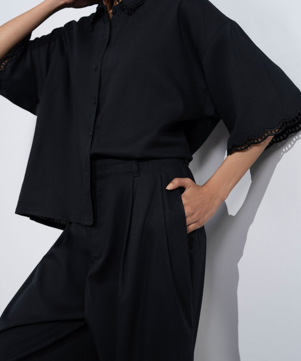 Women's Western Black Wide-Leg Pleated Trousers