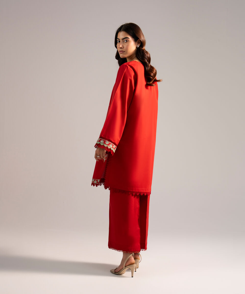 Women's RTW Cotton Viscose Embroidered Red A-Line Shirt