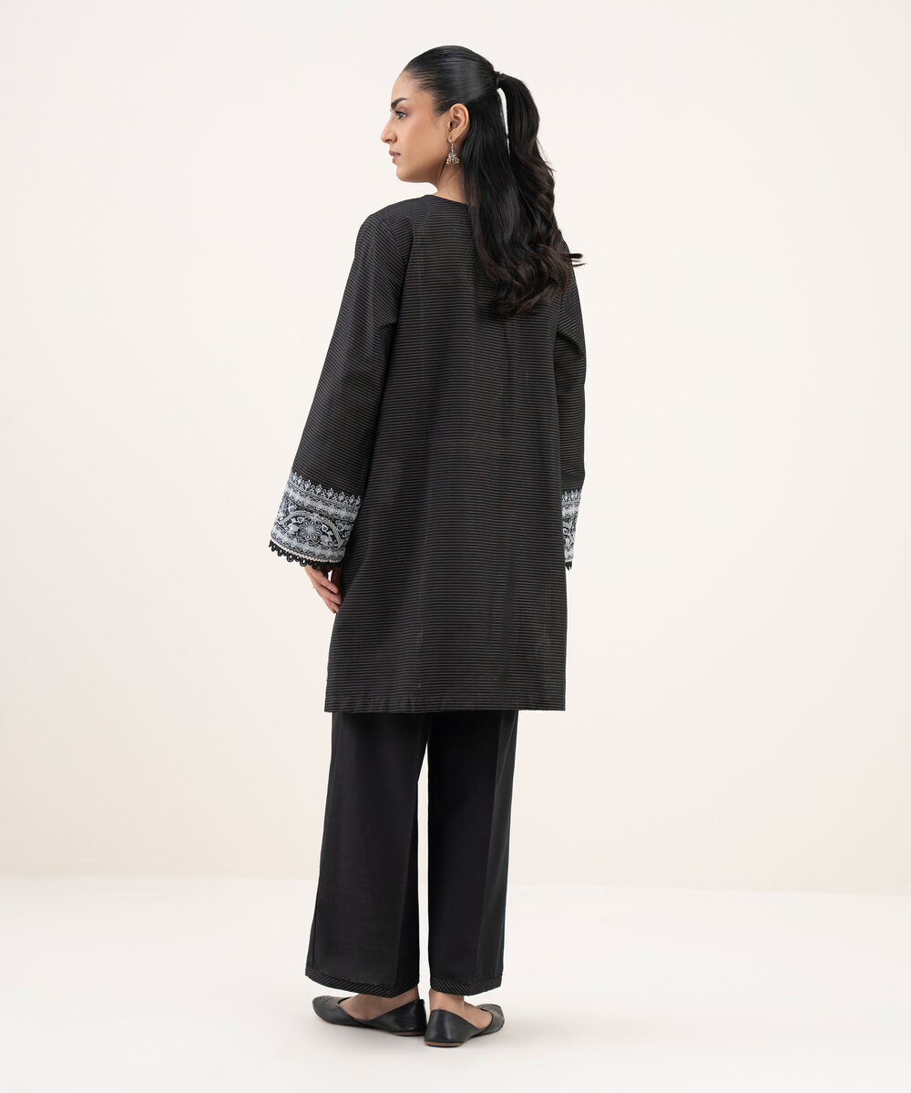 Women's RTW Zari Cotton Embroidered Straight Black Shirt