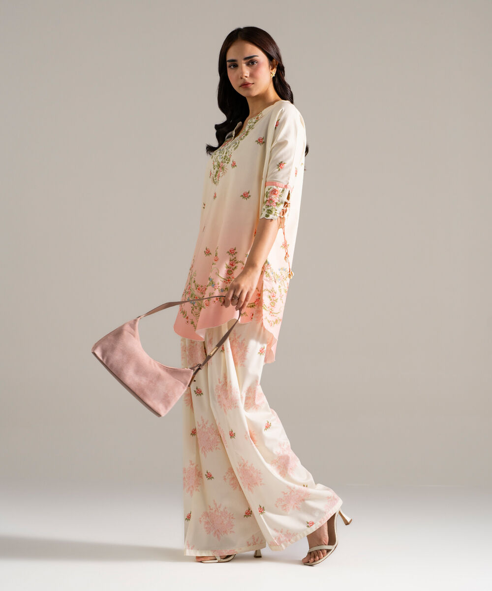 Women's RTW Cotton Viscose Printed Off White 2 Piece Suit