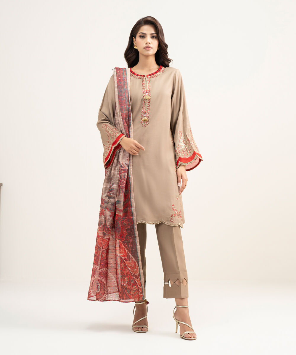 Women's RTW Viscose Raw Silk Embroidered Brown 3 Piece Suit