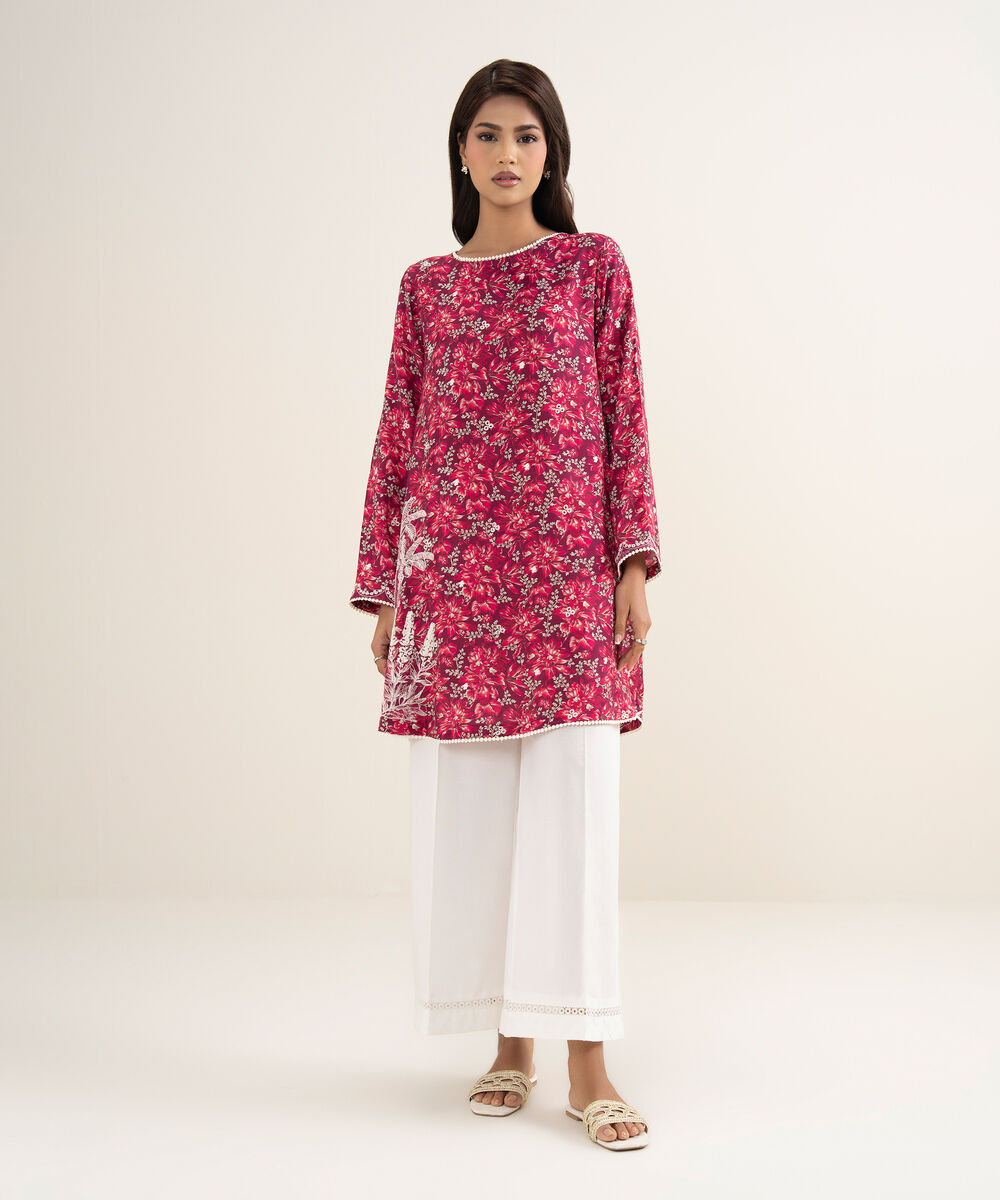 Women's RTW Viscose Raw Silk Embroidered Pink Straight Shirt