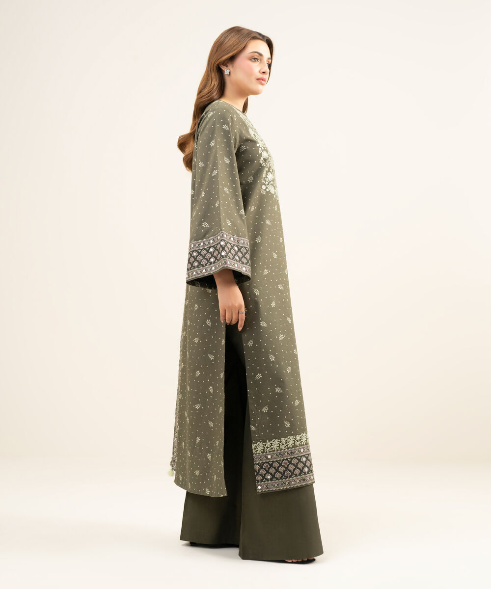 Women's Unstitched Lawn Embroidered Green 3 Piece Suit