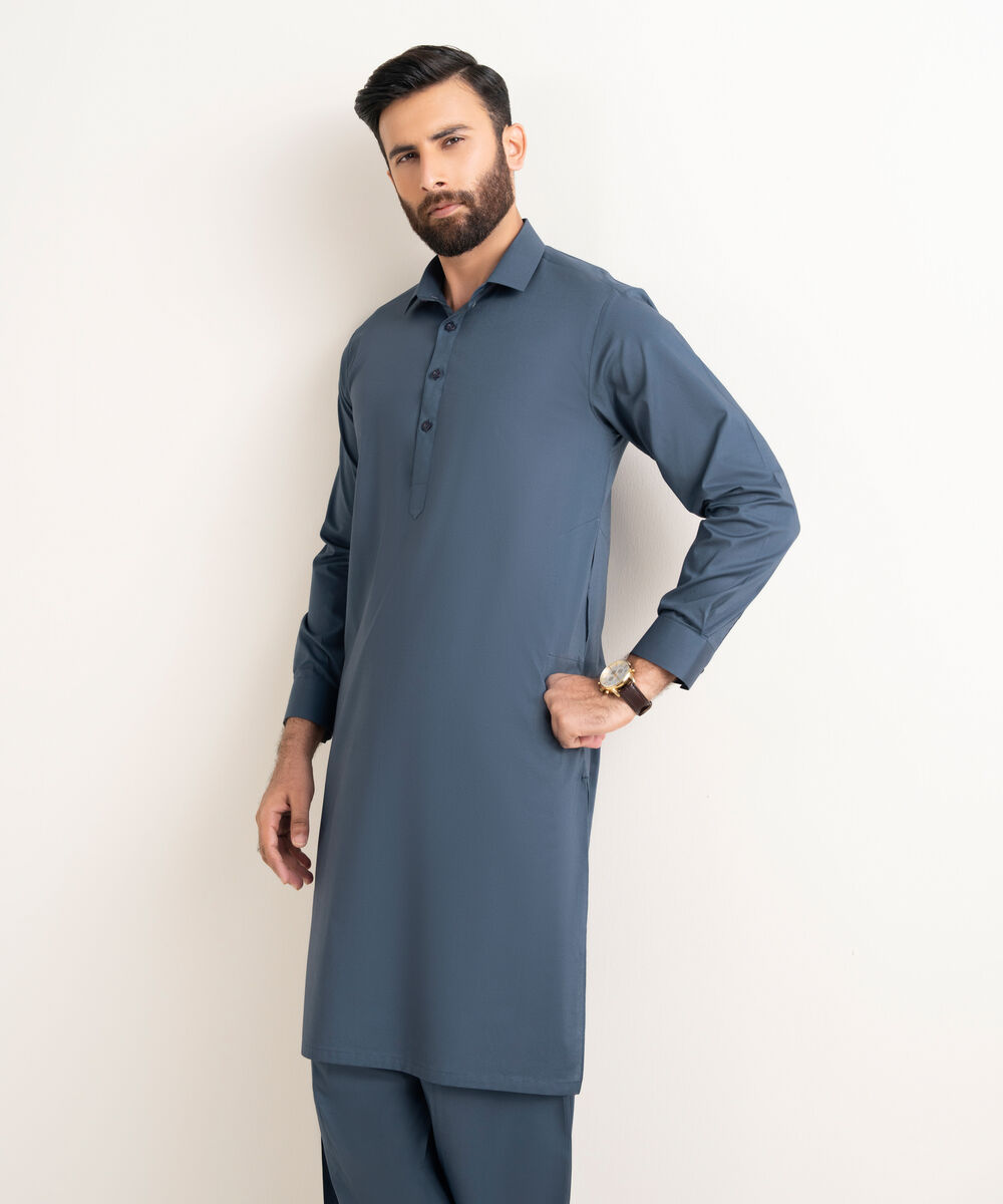 Men's 100% Cotton Plain Blue Kameez Shalwar