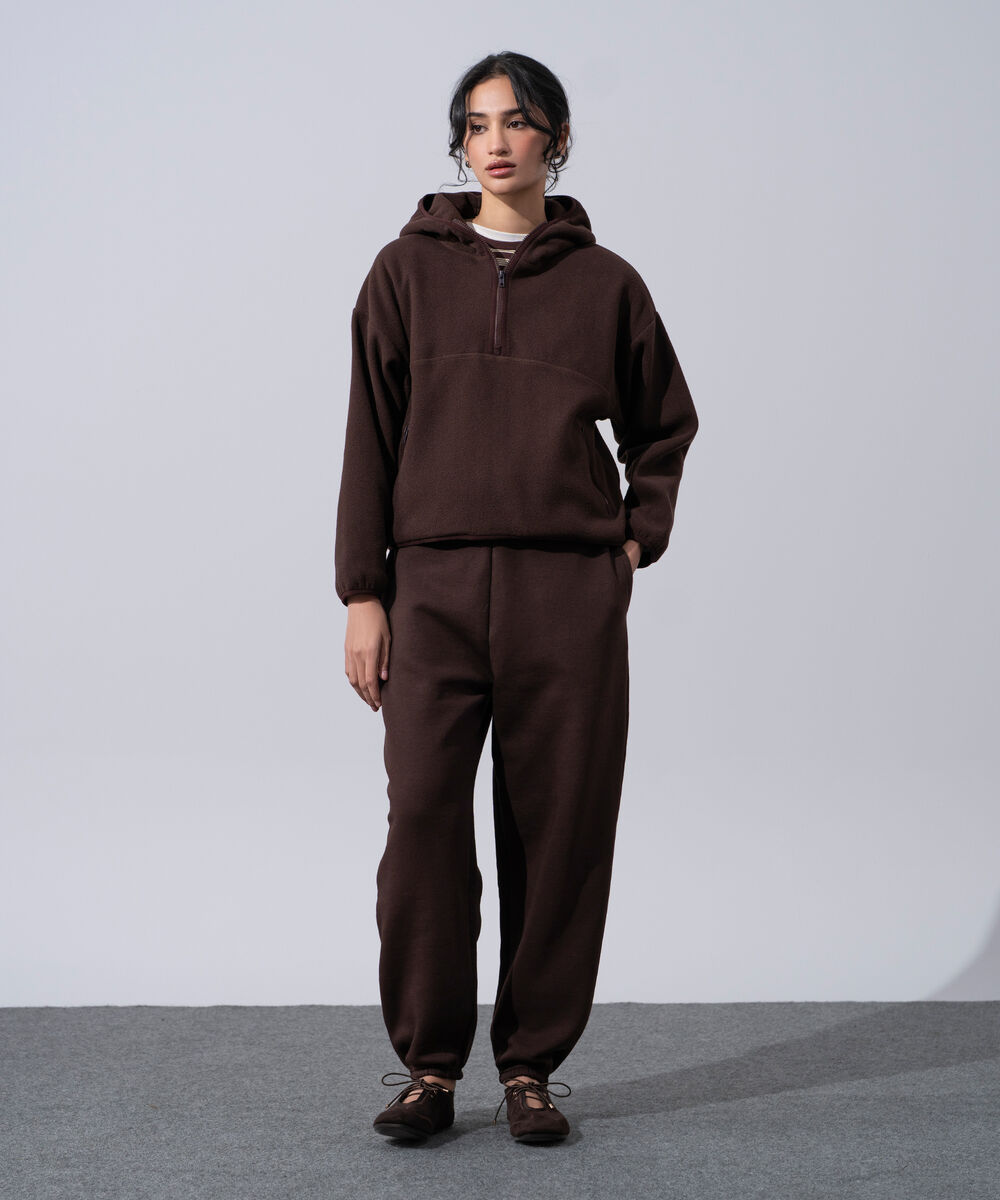 Women's Western Wear Brown Polyester Quarter-Zip Fleece Hoodie