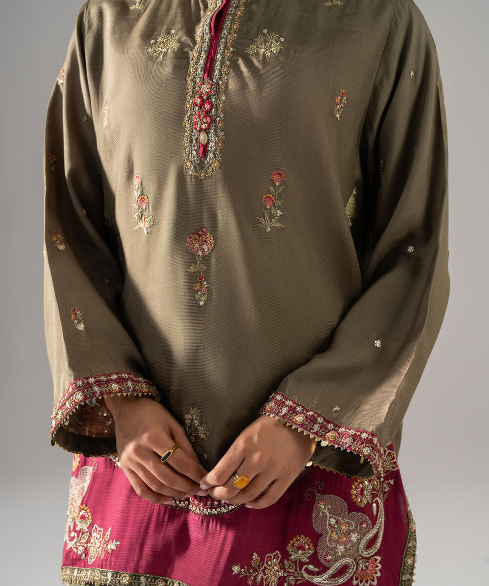 Women's RTW Bright Raw Silk Embroidered Green 3 Piece Suit