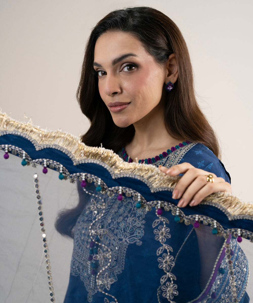 Women's Unstitched Printed Blended Grip Silk Blue 3 Piece Suit