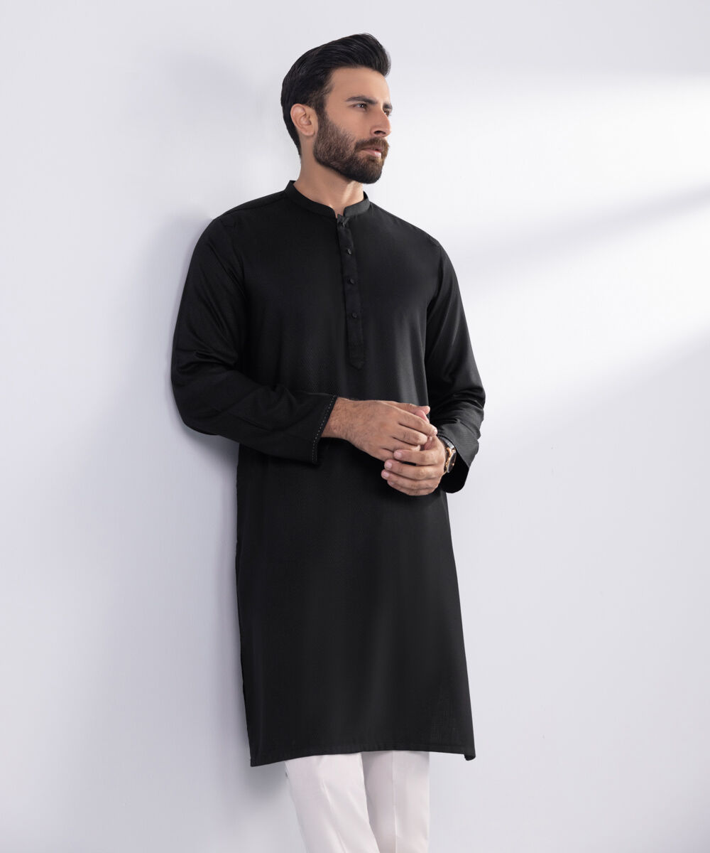Men's Blended Stitched Plain Black Kurta