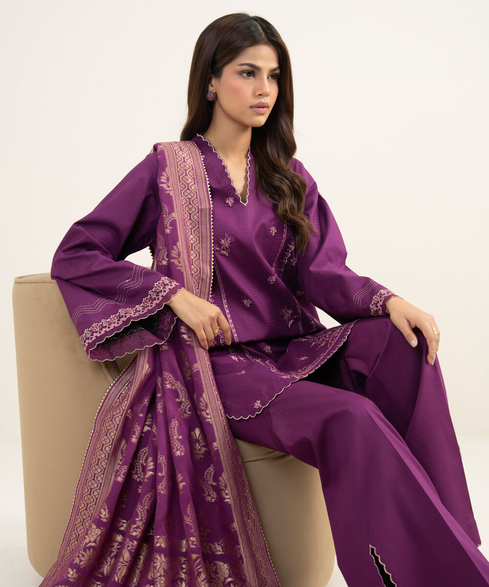 Women's Unstitched Dobby Embroidered Purple 3 Piece Suit