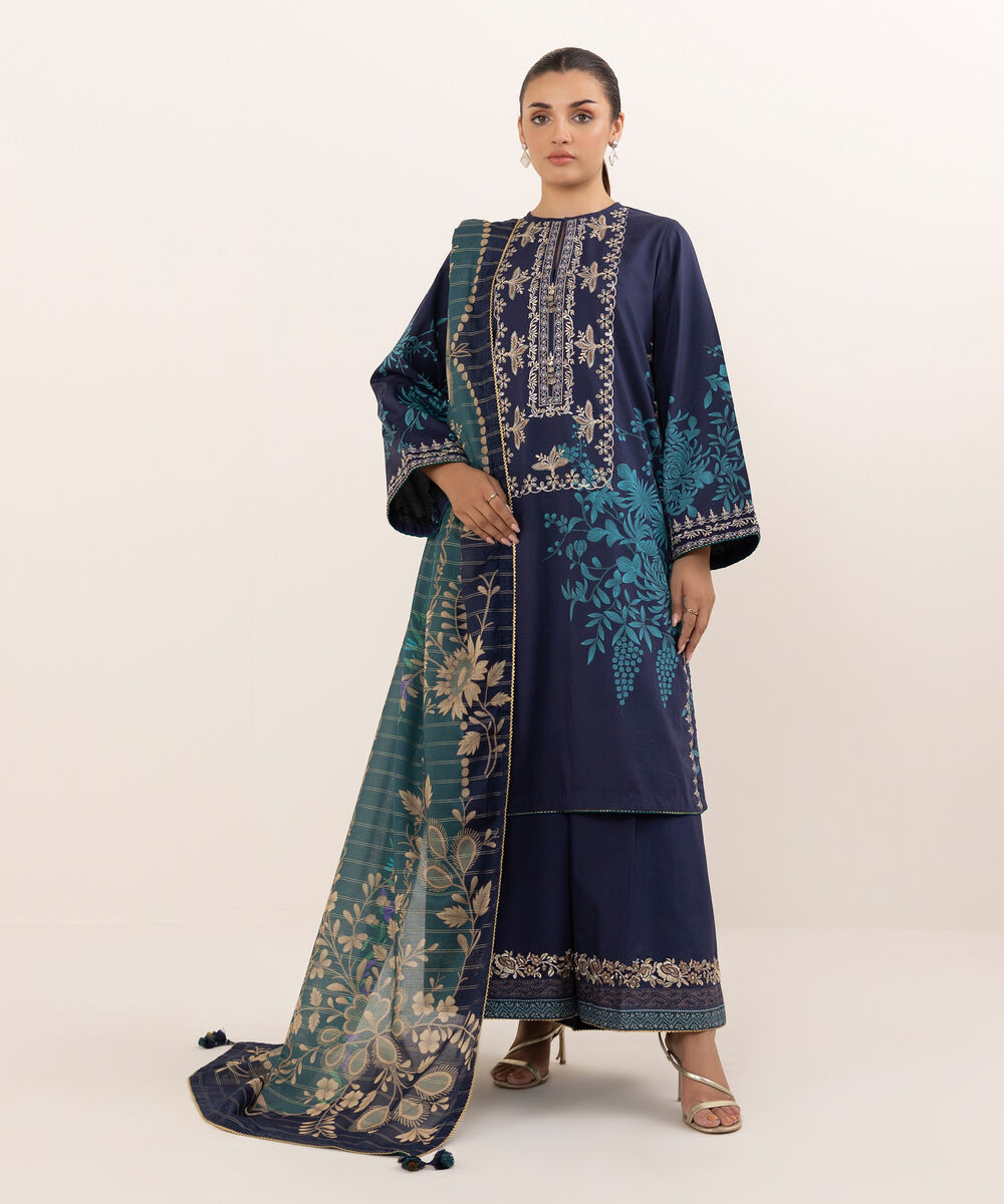 Women's Unstitched Lawn Embroidered Blue 3 Piece Suit