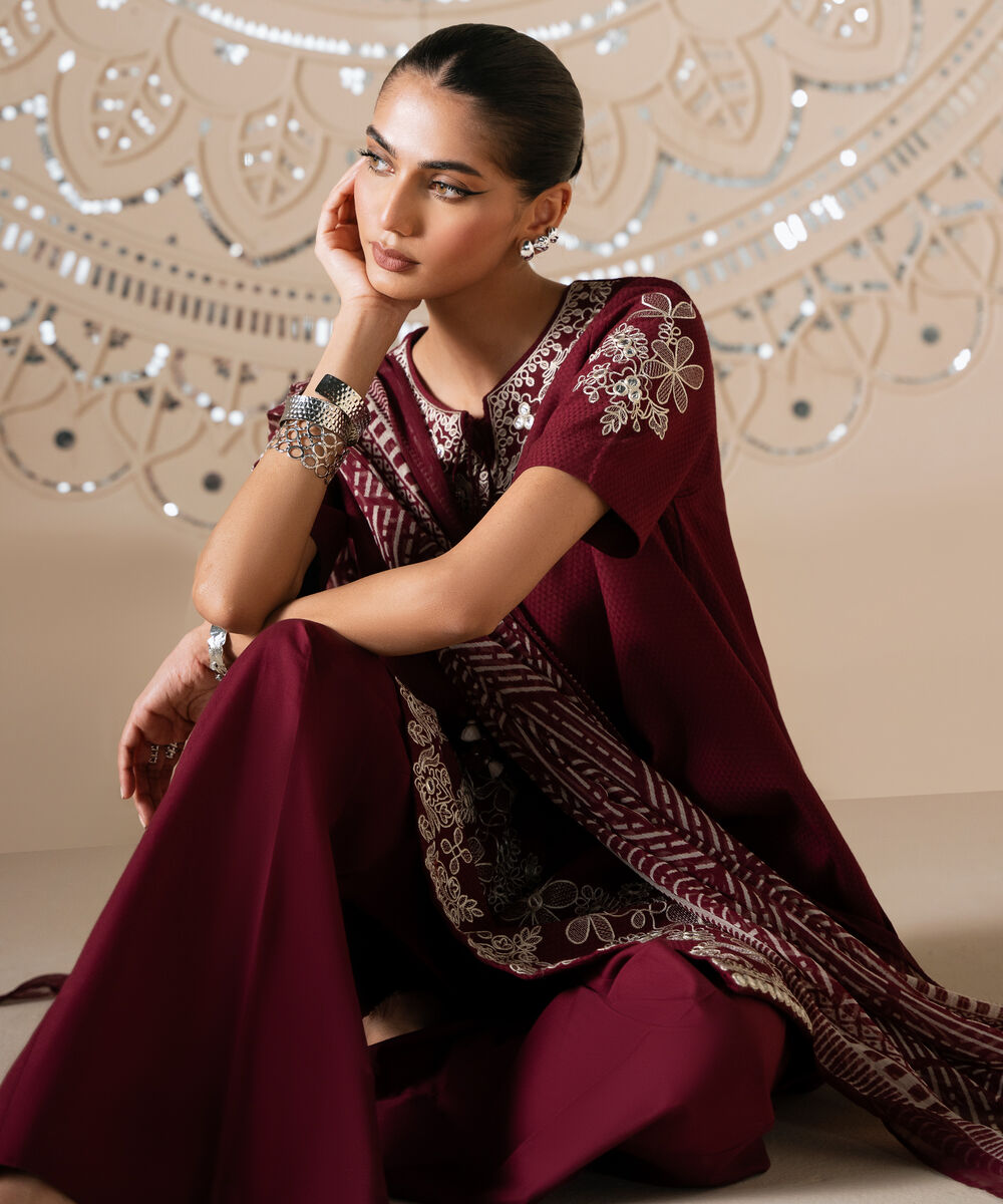 Women's Unstitched Dobby Embroidered Red 3 Piece Suit