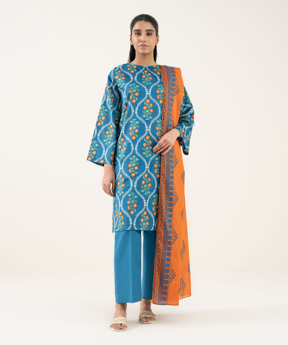 Women's Unstitched Lawn Printed Blue 3 Piece Suit