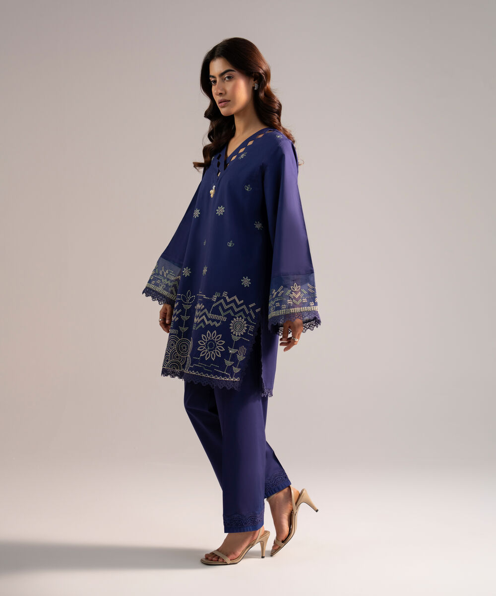 Women's RTW Cambric Embroidered Dark Blue Straight Shirt