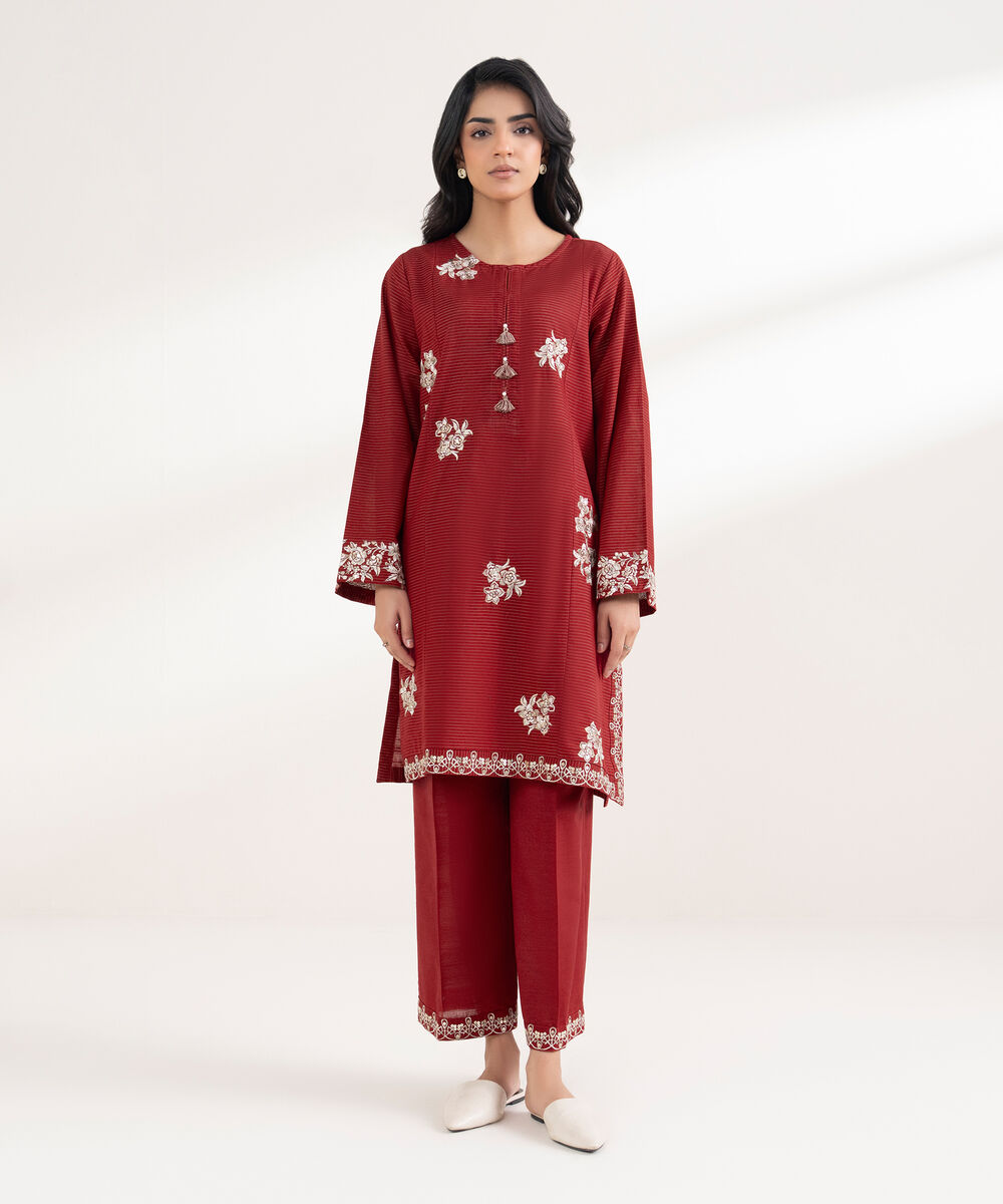 Women's RTW Zari Khaddar Embroidered Red Straight Shirt
