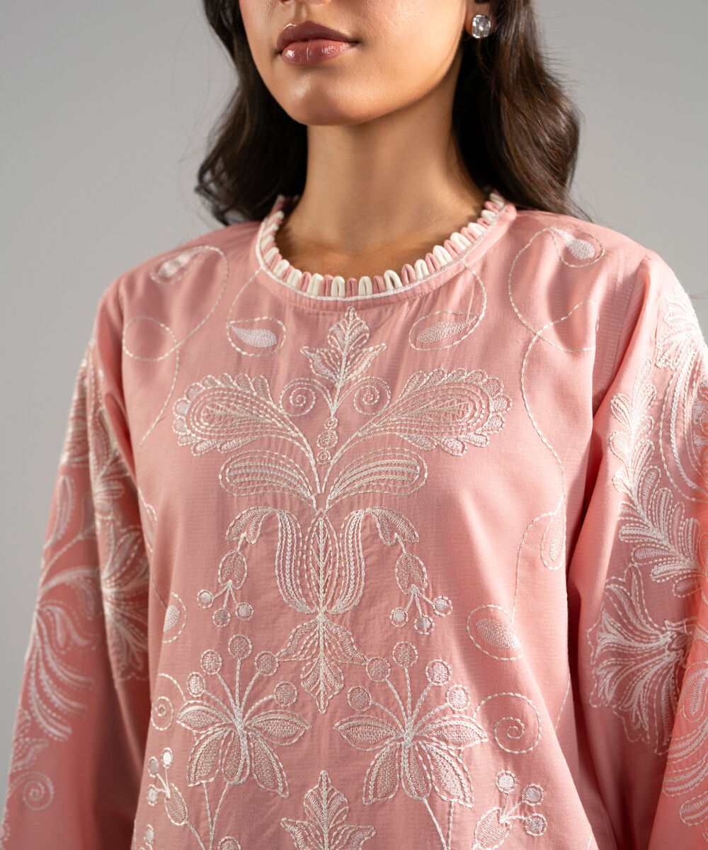 Women's RTW Zari Lawn Embroidered Pink Straight Shirt