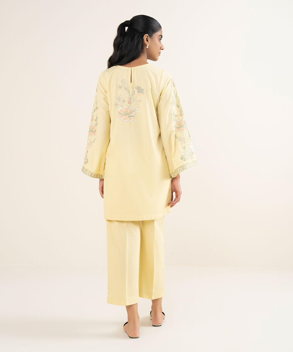 Women's RTW Self Jacquard Leno Embroidered Pale Yellow Straight Shirt