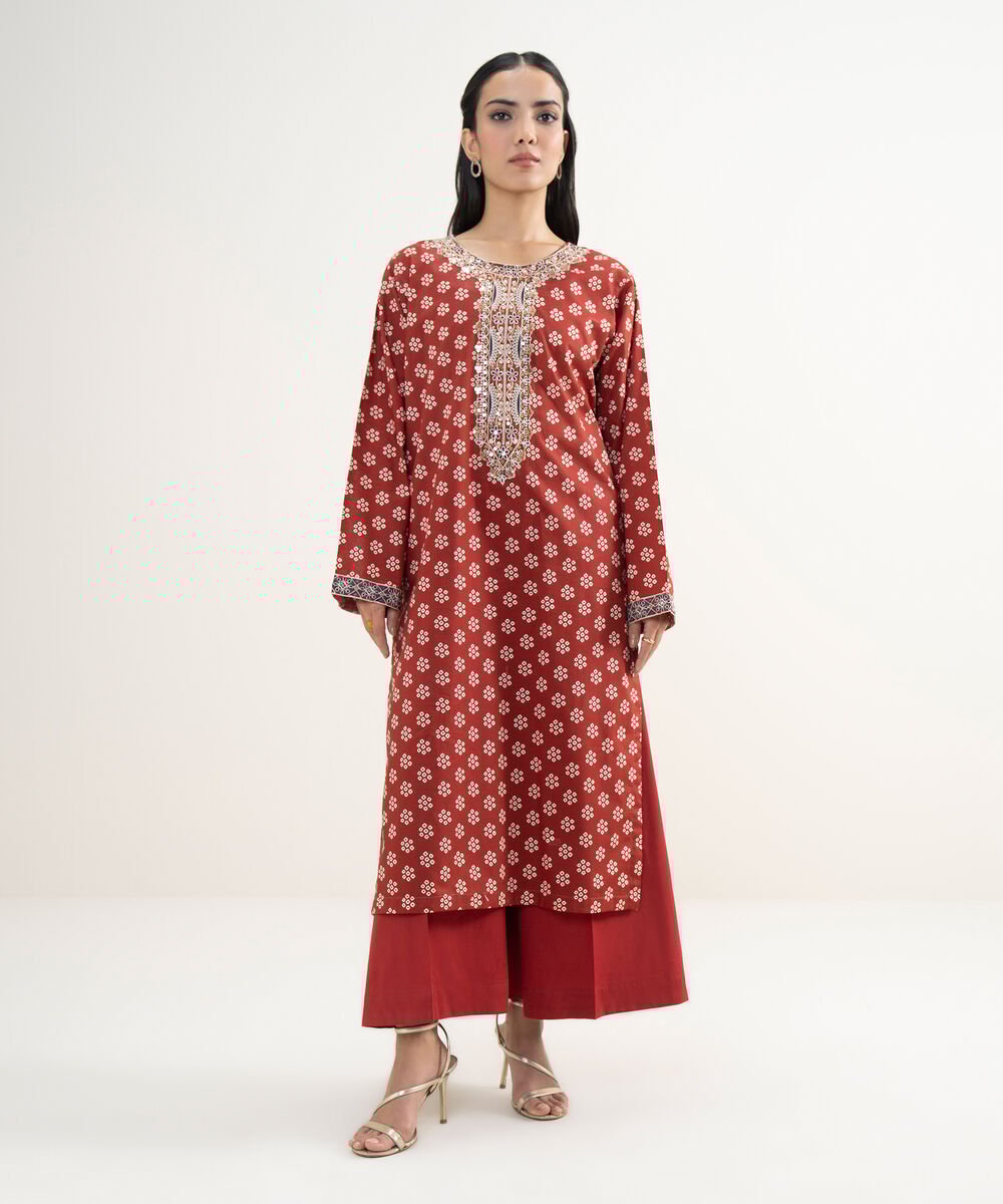 Women's RTW Slub Lawn Embroidered Maroon Straight Shirt