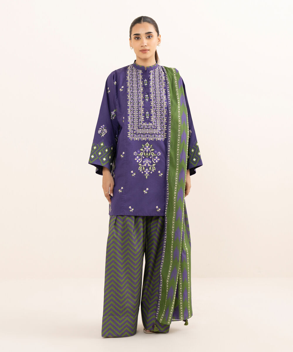 Women's Unstitched Lawn Embroidered Purple Three Piece Suit