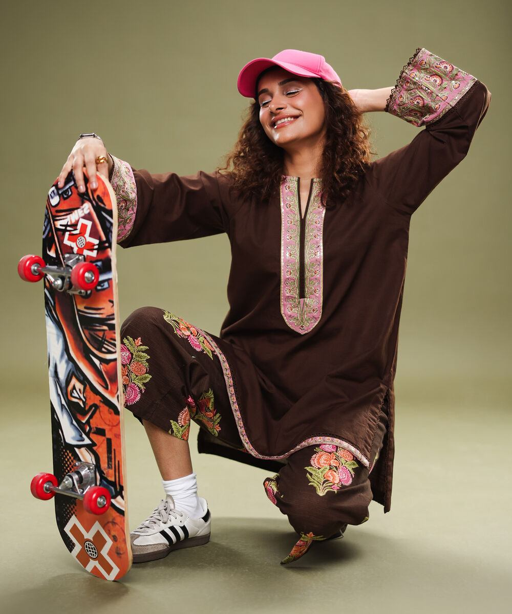 Women's RTW Cambric Embroidered Brown Straight Shirt