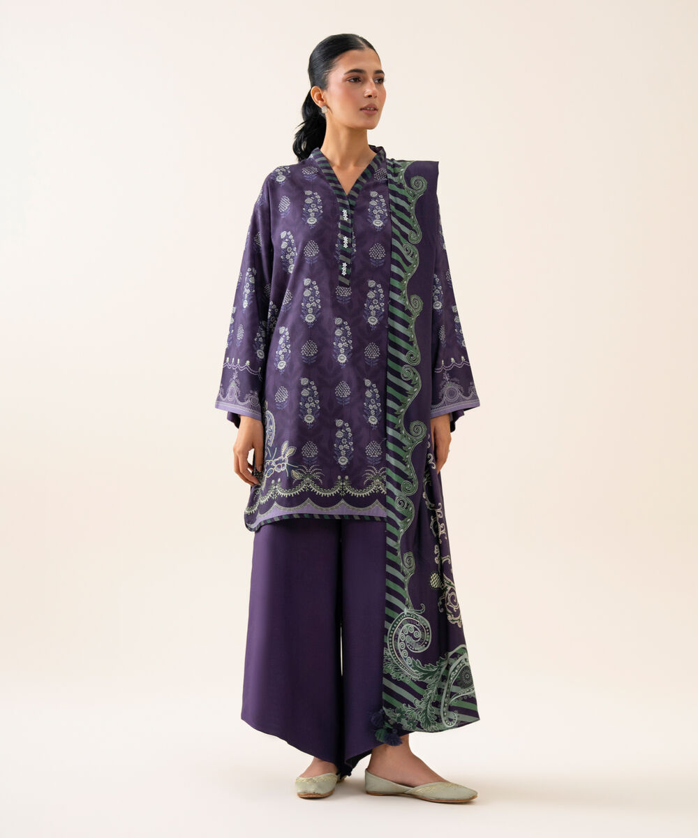 Women's Unstitched Viscose Linen Printed Blue 3 Piece Suit