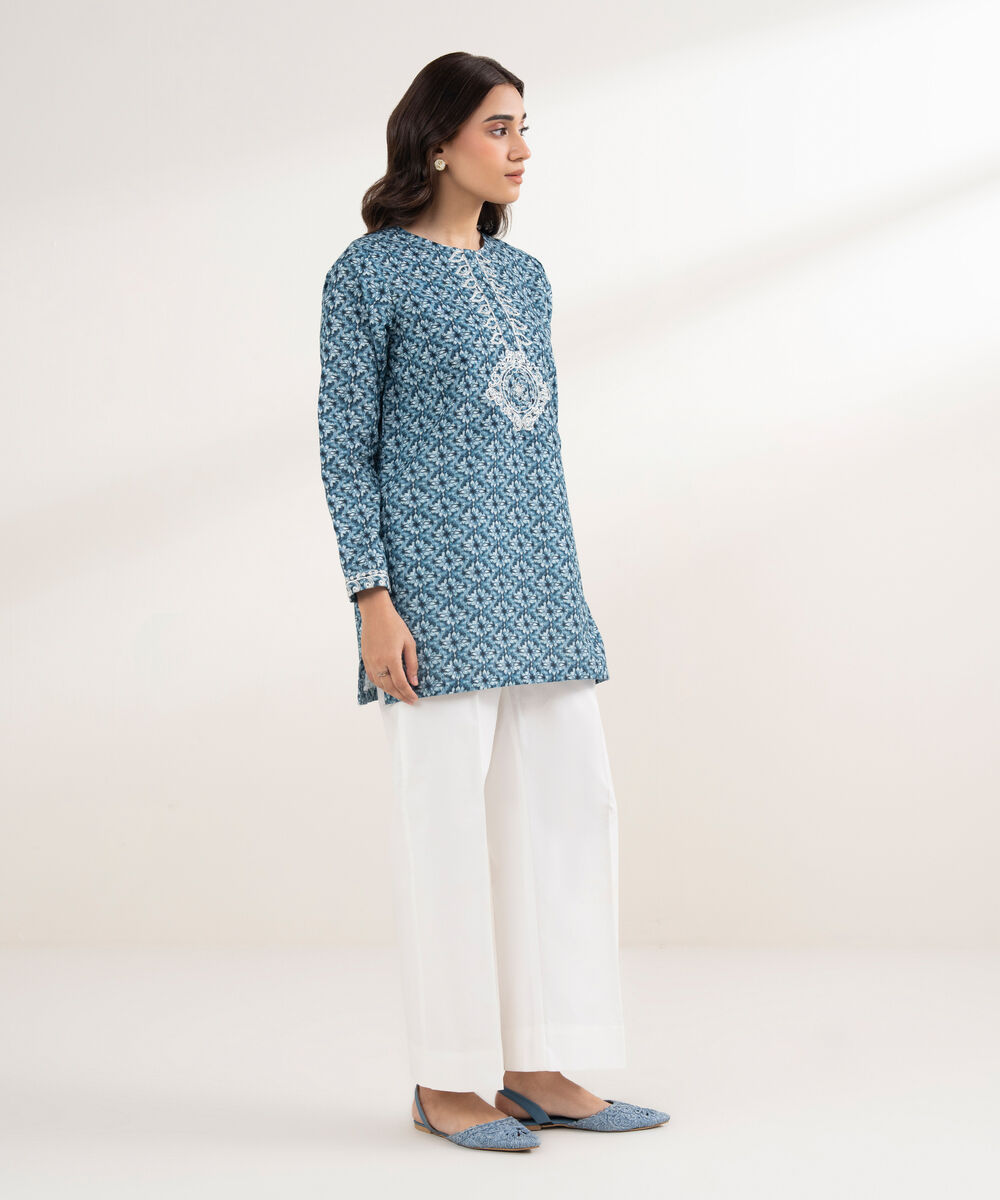 Women's RTW Khaddar Embroidered Blue Shirt