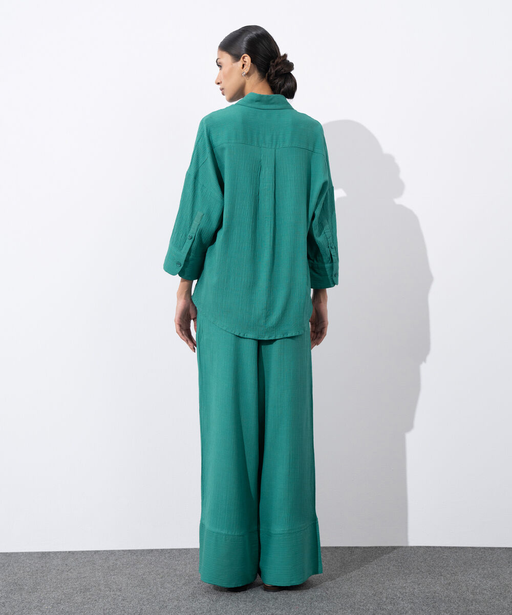 Women's Western Wear Green Seersucker Button Through Shirt