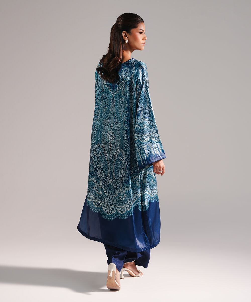 Women's RTW Blended Satin Solid Dark Blue 2 Piece Suit