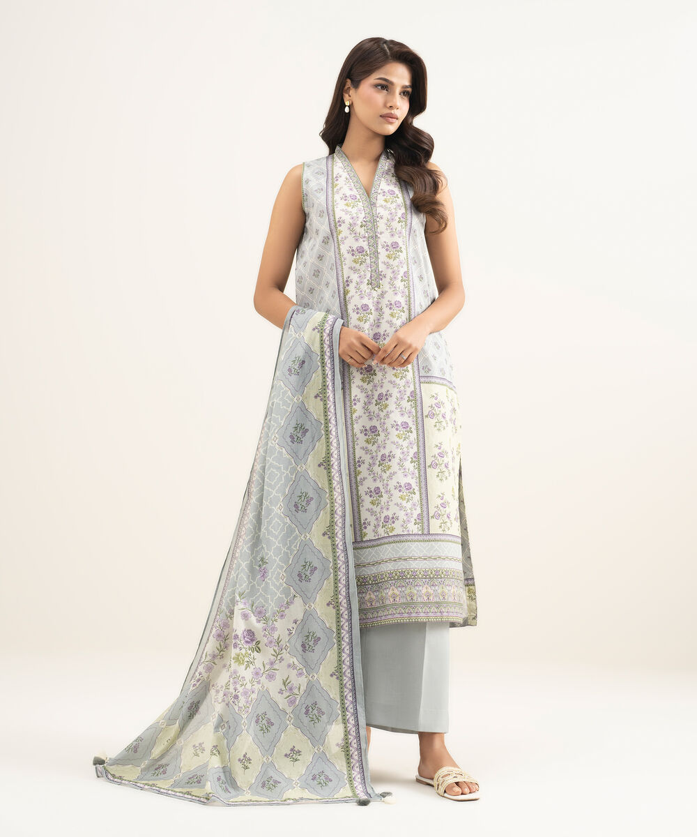 Women's Unstitched Lawn Printed Grey 3 Piece Suit