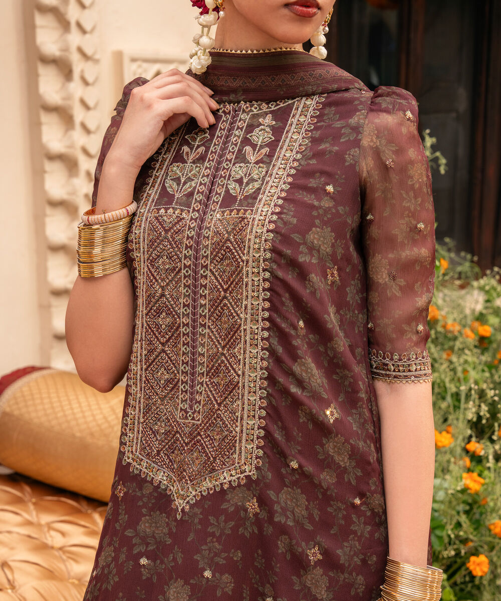 Women's Unstitched Embroidered Blended Chiffon Red 3 Piece Suit