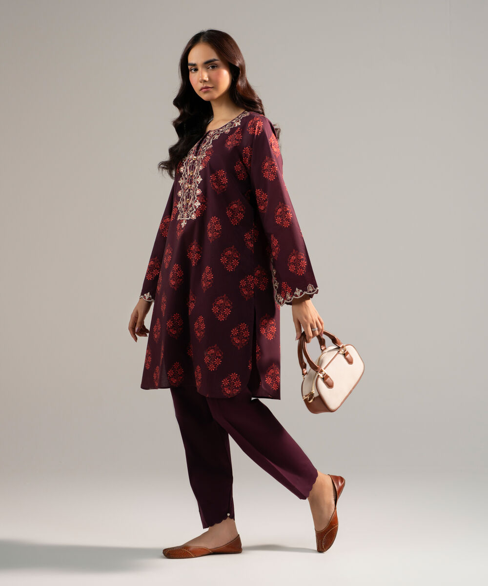 Women's RTW Lawn Embroidered Deep Brown Straight Shirt