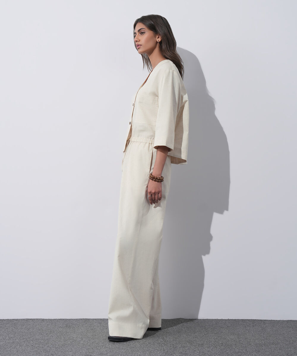 Women's Western Wear Beige Linen Blend Pull On Trousers