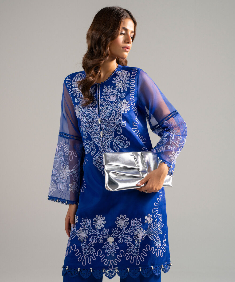 Women's RTW Blended Organza Embroidered Blue 2 Piece Suit