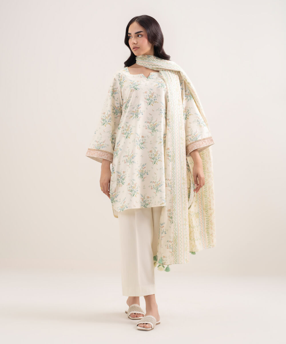 Women's Unstitched Lawn Printed Off White 3 Piece Suit